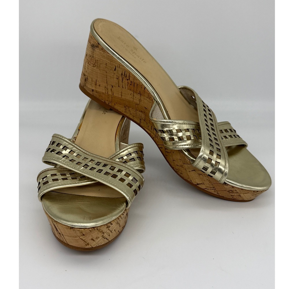 Kate Spade New York Gold Metallic Lattice Cork Wedge Sandals Womens 10M